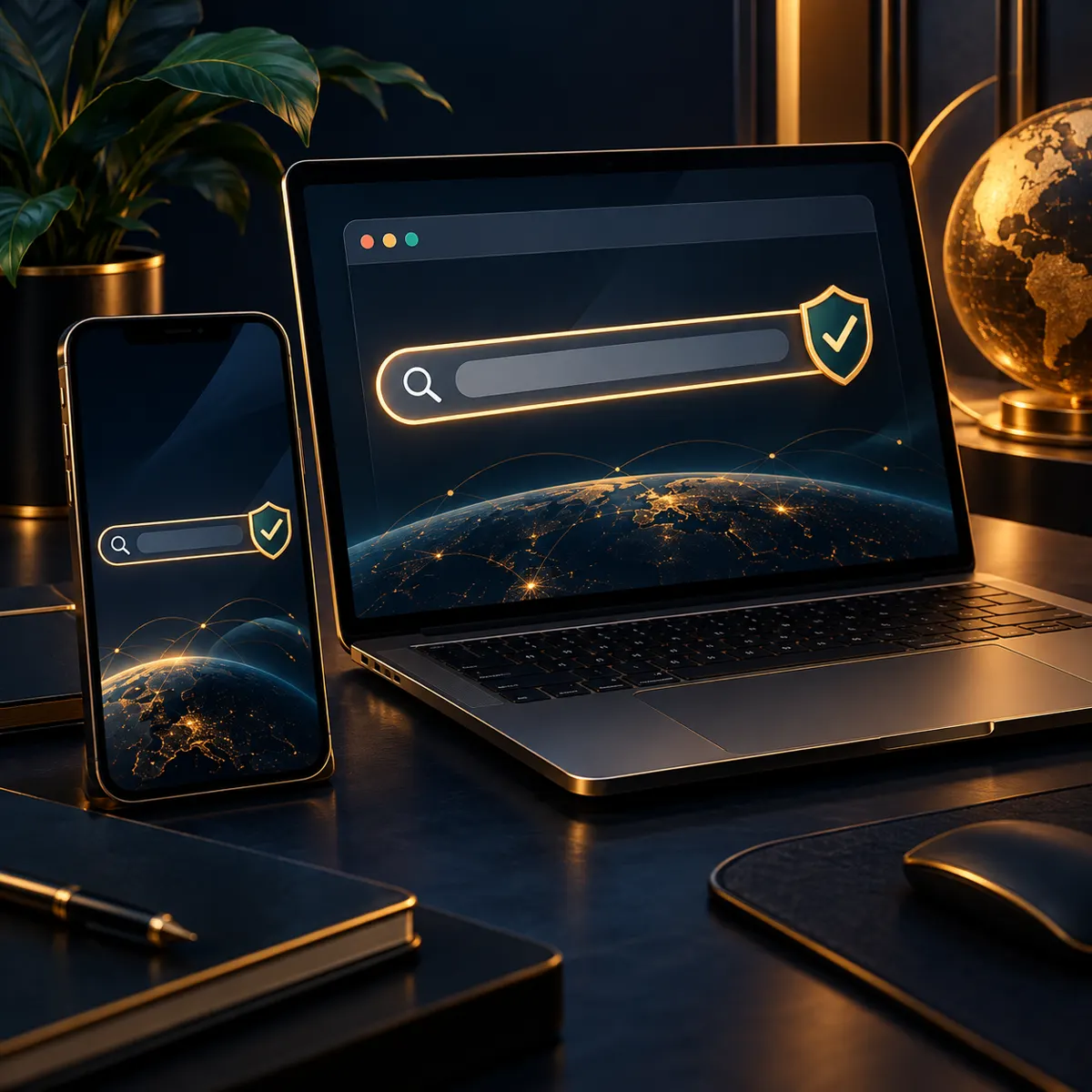 Ilustrasi ponsel dan laptop dengan simbol pemeriksaan alamat browser