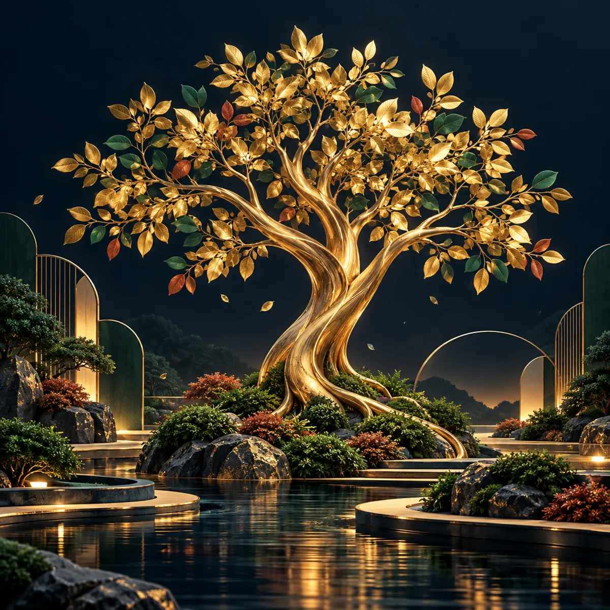 Ilustrasi pohon emas dalam kebun digital bernuansa biru gelap